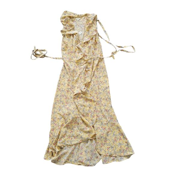 Max Studio Summer Wrap Dress Ruffle Midi Yellow Floral Flowy Hi Lo Sz L - Picture 4 of 9